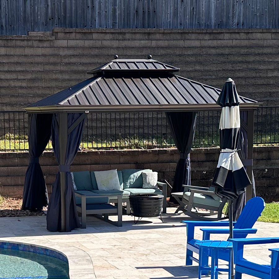 PURPLE LEAF Outdoor Hardtop Gazebo for Patio Bronze Aluminum Frame Pavilion with Navy-Blue Curtain and String Lights-milky