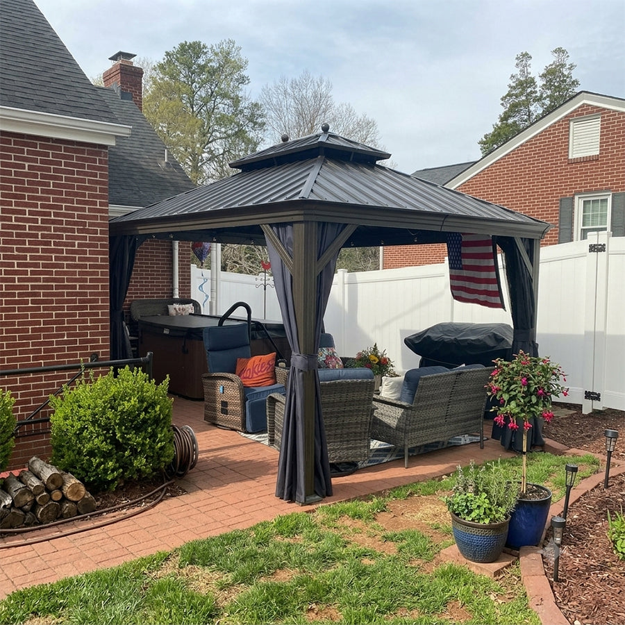 PURPLE LEAF Outdoor Hardtop Gazebo for Patio Bronze Aluminum Frame Pavilion with Navy-Blue Curtain and Reinforced Support Rods