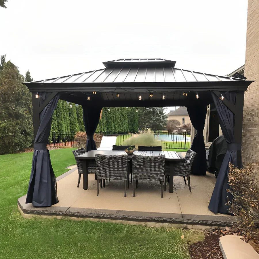 PURPLE LEAF Outdoor Hardtop Gazebo for Patio Bronze Aluminum Frame Pavilion with Navy-Blue Curtain and Reinforced Support Rods