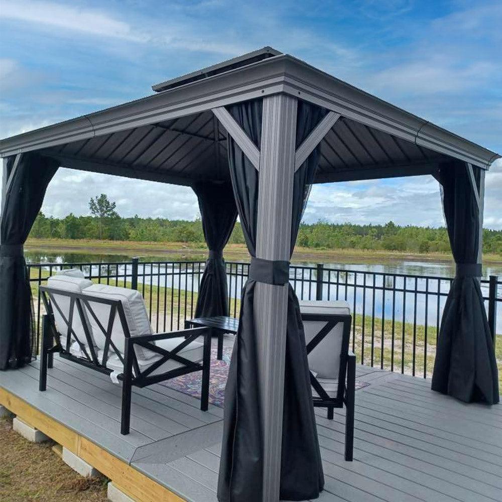 PURPLE LEAF Patio Gazebo for Pool Light Grey Hardtop Galvanized Steel Roof with String Lights-milky