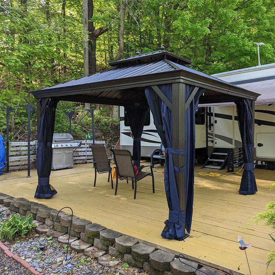 PURPLE LEAF Outdoor Hardtop Gazebo for Patio Bronze Aluminum Frame Pavilion with Navy-Blue Curtain and Reinforced Support Rods