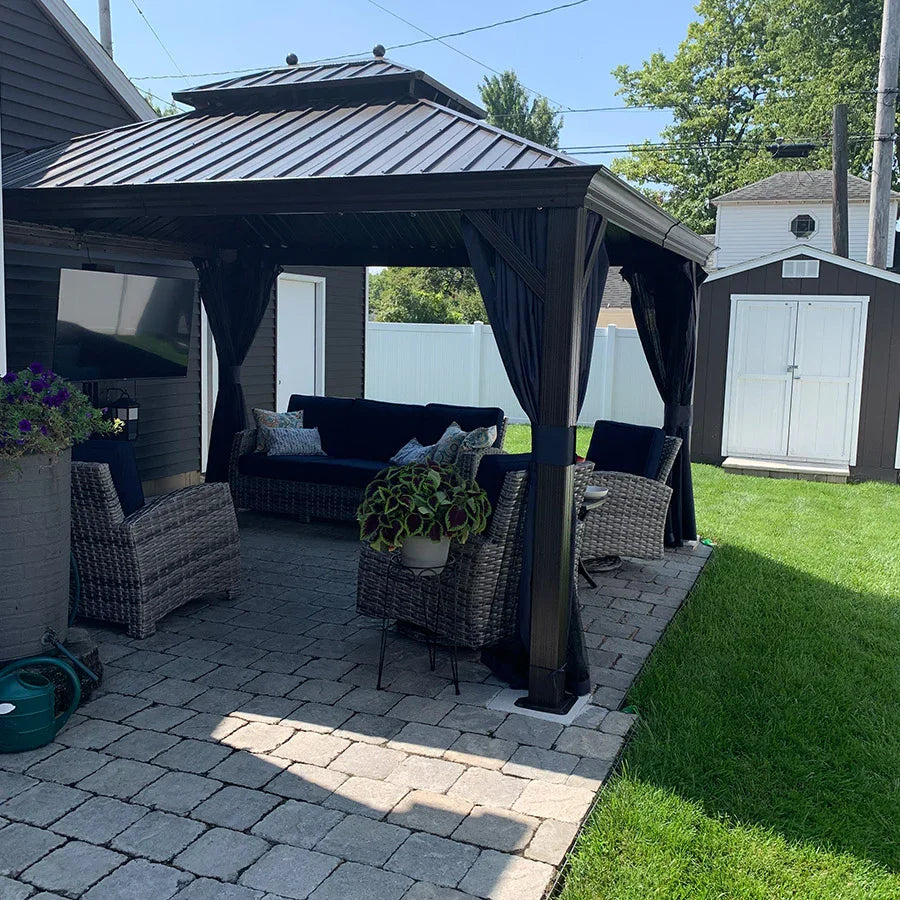 PURPLE LEAF Outdoor Hardtop Gazebo for Patio Bronze Aluminum Frame Pavilion with Navy-Blue Curtain and String Lights-clear