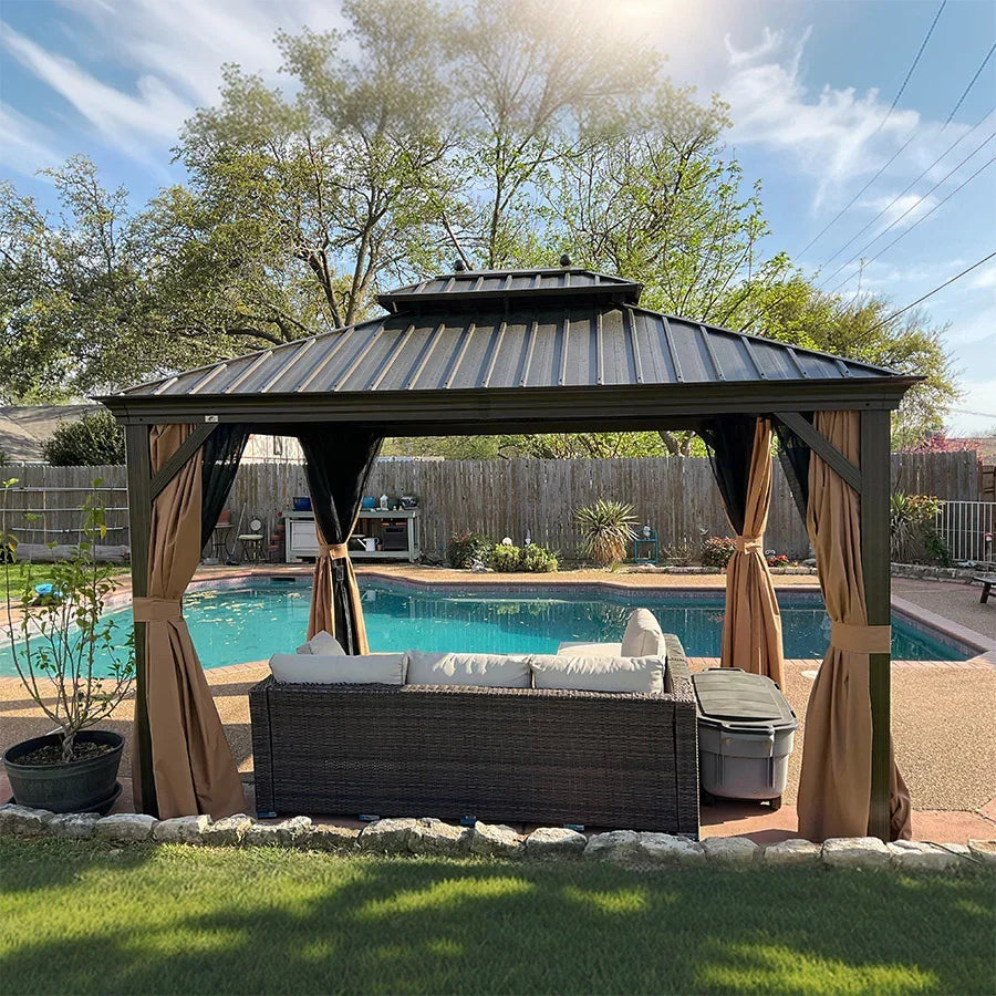 PURPLE LEAF Outdoor Hardtop Gazebo for Garden Bronze Double Roof Aluminum Frame Pavilion with String Lights-clear