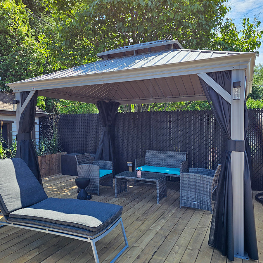 PURPLE LEAF Patio Gazebo for Pool Light Grey Hardtop Galvanized Steel Roof with String Lights-clear
