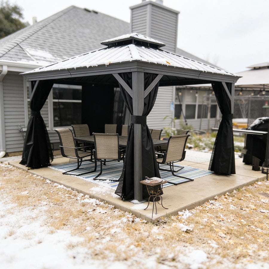PURPLE LEAF Patio Gazebo for Pool Light Grey Hardtop Galvanized Steel Roof with Upgraded Curtains