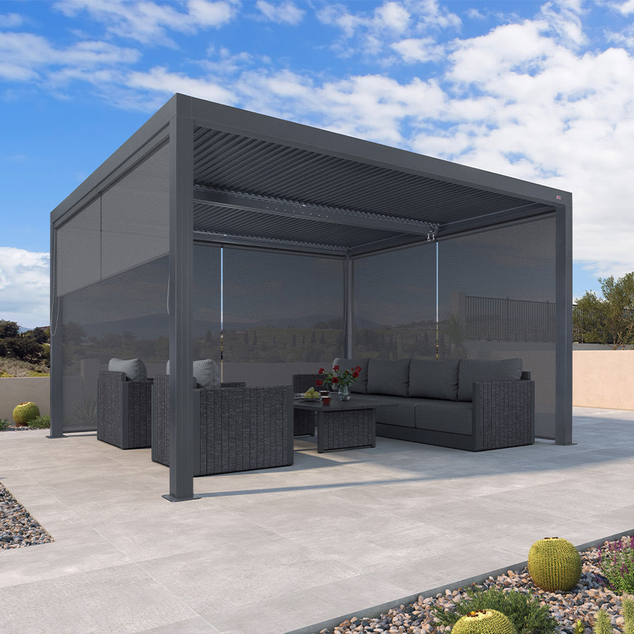 PURPLE LEAF Athena Louvered Pergola Grey Outdoor Aluminum Pergola with Solid Color Roller Blind Adjustable Gazebo for Patio Deck Garden