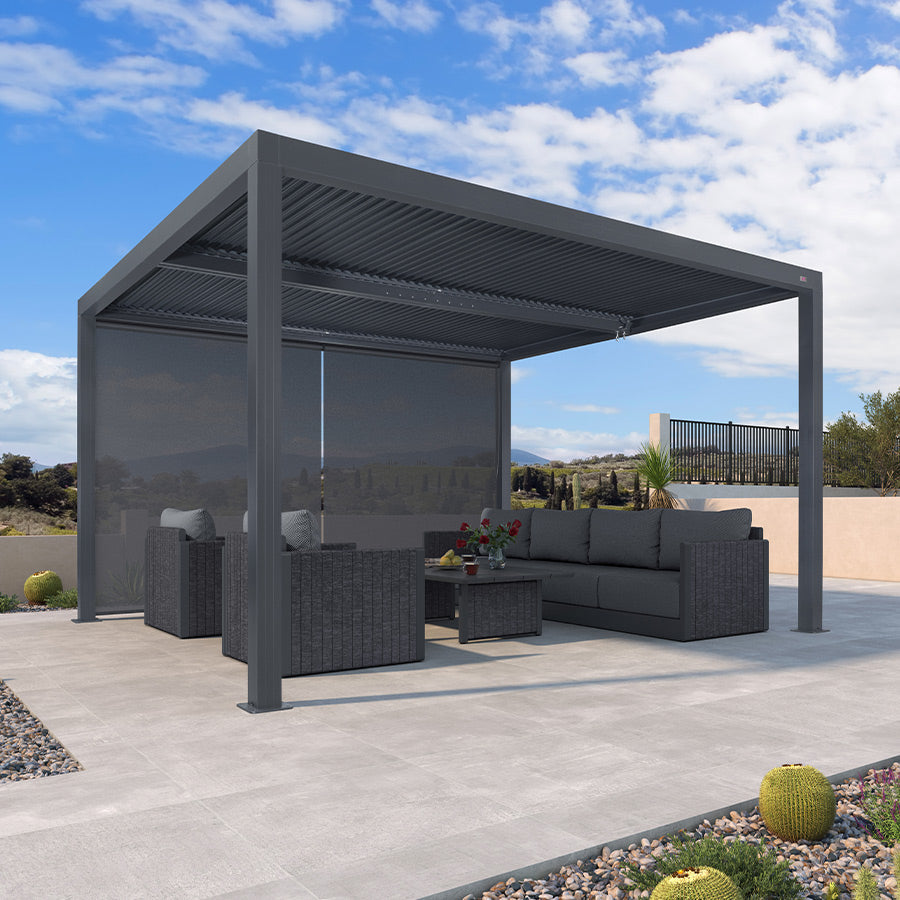 PURPLE LEAF Athena Louvered Pergola Grey Outdoor Aluminum Pergola with Solid Color Roller Blind Adjustable Gazebo for Patio Deck Garden