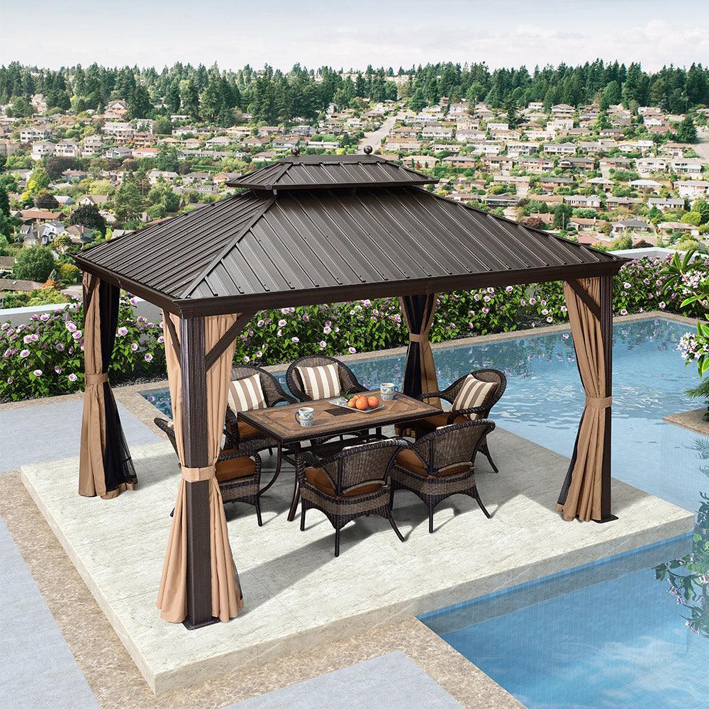 PURPLE LEAF Outdoor Hardtop Gazebo for Garden Bronze Double Roof Aluminum Frame Pavilion with Reinforcement Support Rod