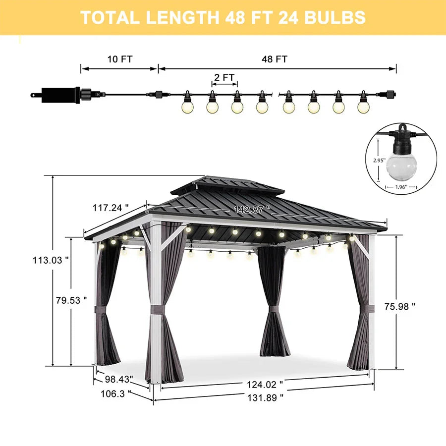 PURPLE LEAF Modern Gazebo Grey Hardtop Galvanized Steel Double Roof White Aluminum Poles with Curtains and Netting with Lights-clear