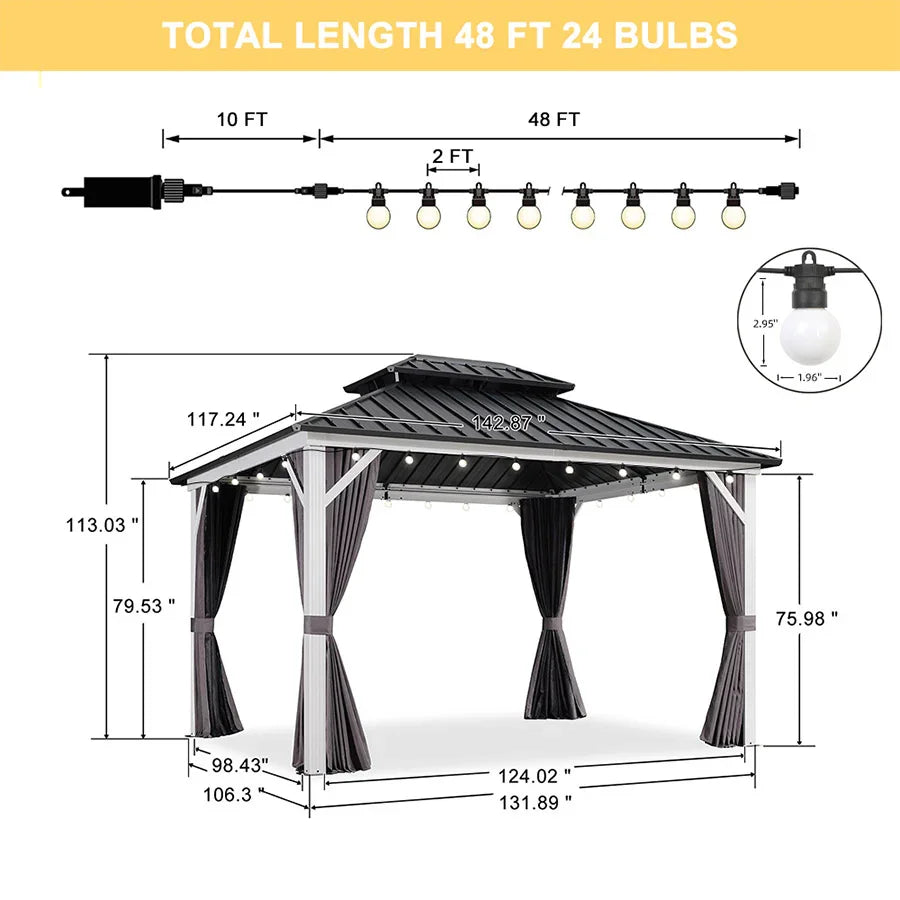 PURPLE LEAF Modern Gazebo Grey Hardtop Galvanized Steel Double Roof White Aluminum Poles with Curtains and Netting with Lights-milky