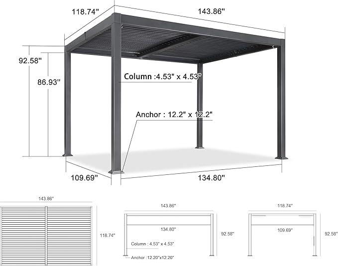 PURPLE LEAF Caesar Outdoor Louvered Pergola Patio Sun Shade Shelter with Adjustable Hardtop Patio Pergola Gray Frame White Roof