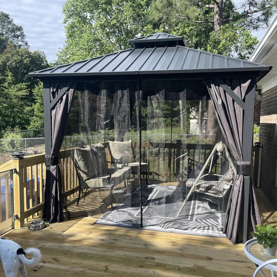 PURPLE LEAF Grey Hardtop Gazebo with Heavy Duty Galvanized Steel Double Roof with Netting and Curtains