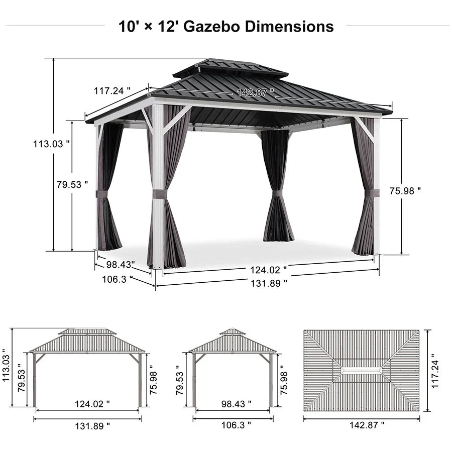 PURPLE LEAF Modern Gazebo Grey Hardtop Galvanized Steel Double Roof White Aluminum Poles with Curtains and Netting