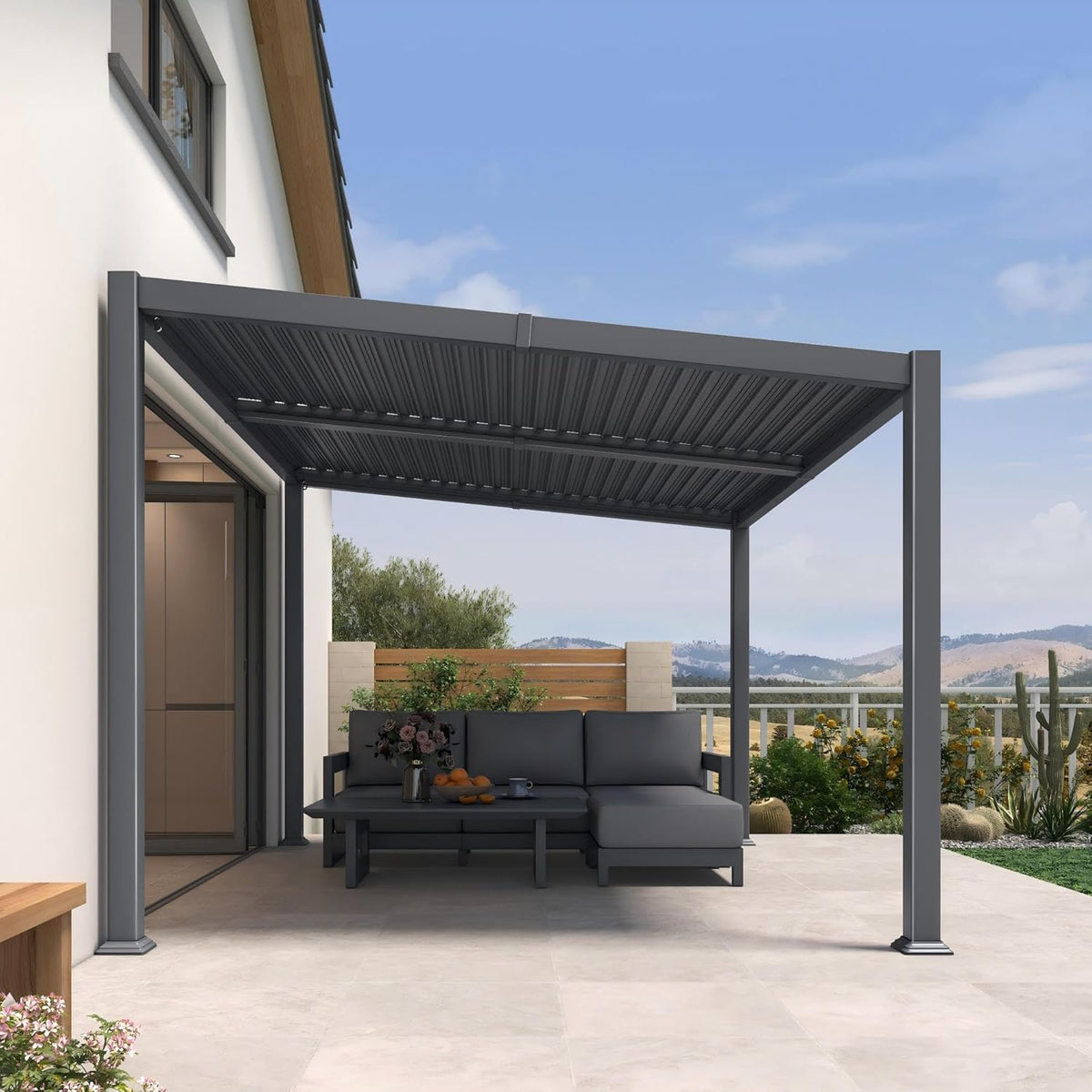 PURPLE LEAF Caesar Hardtop Louvered Pergola with LED String Lights, Slanted Roof Outdoor Aluminum Pergola with Adjustable Rainproof Louvers,Freestanding Patio Gazebo for Backyard Deck, Gray