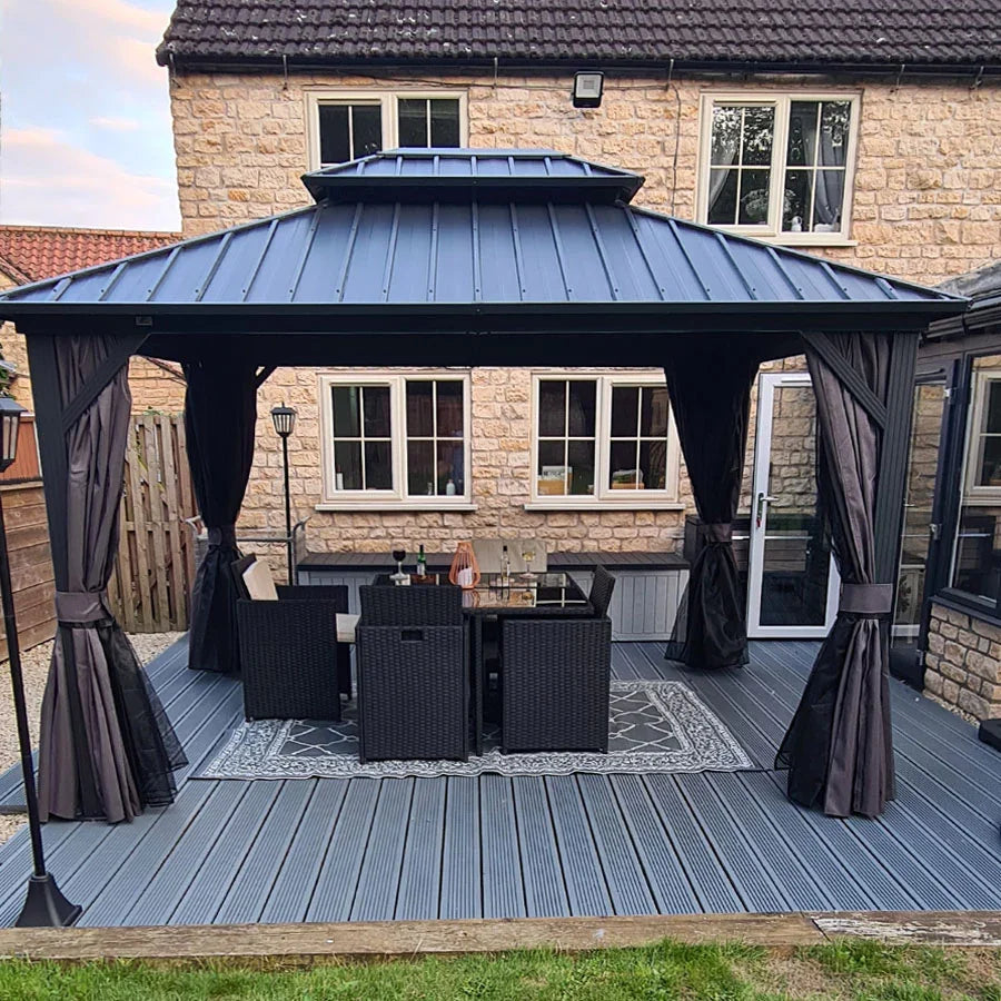 PURPLE LEAF Grey Hardtop Gazebo with Heavy Duty Galvanized Steel Double Roof with String Lights-milky