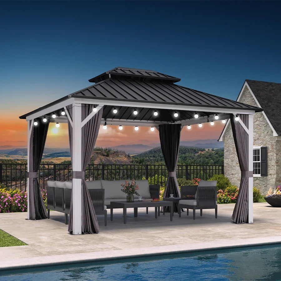 PURPLE LEAF Modern Gazebo Grey Hardtop Galvanized Steel Double Roof White Aluminum Poles with Curtains and Netting with Lights-milky