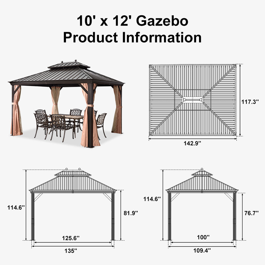 PURPLE LEAF Outdoor Hardtop Gazebo for Garden Bronze Double Roof Aluminum Frame Pavilion with Reinforcement Support Rod