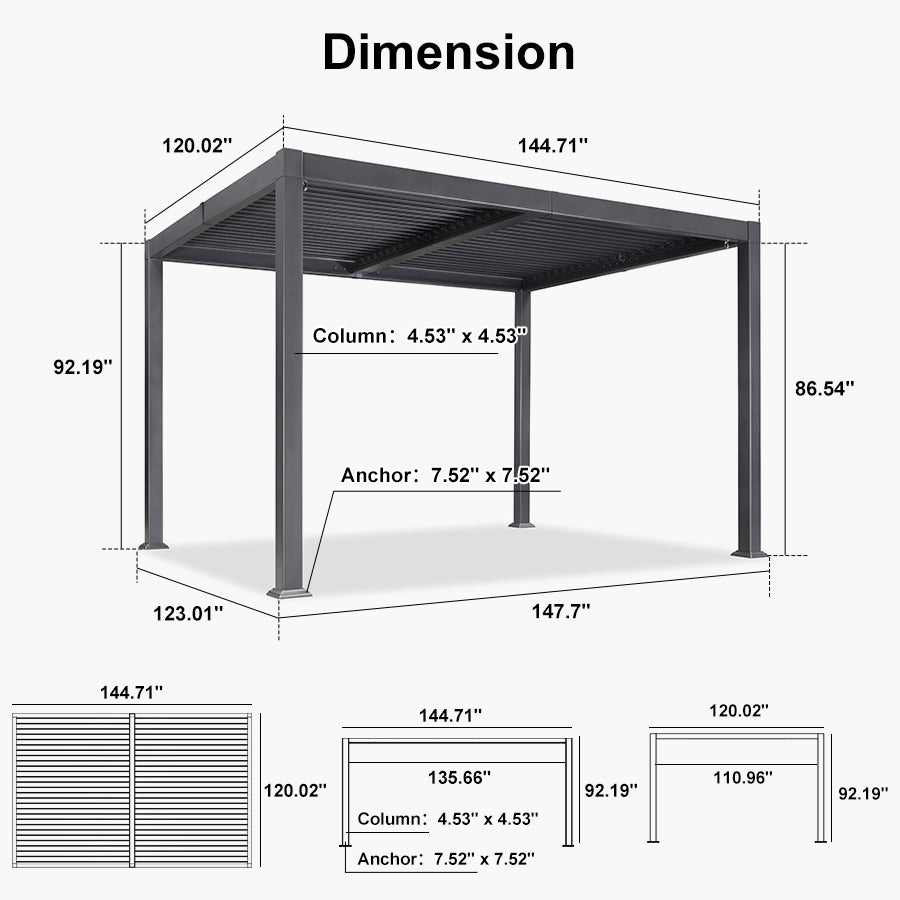 PURPLE LEAF Caesar Louvered Pergola with Yellow String Lights Patio Aluminum Pergola with Independent Adjustable Rainproof Roof Hardtop Pergola for Outdoor Deck Garden Yard