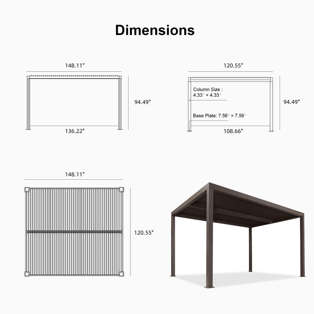 PURPLE LEAF Athena Louvered Pergola Bronze Outdoor Aluminum Pergola with Shutter Wall Adjustable Gazebo Rainproof for Patio Deck Garden