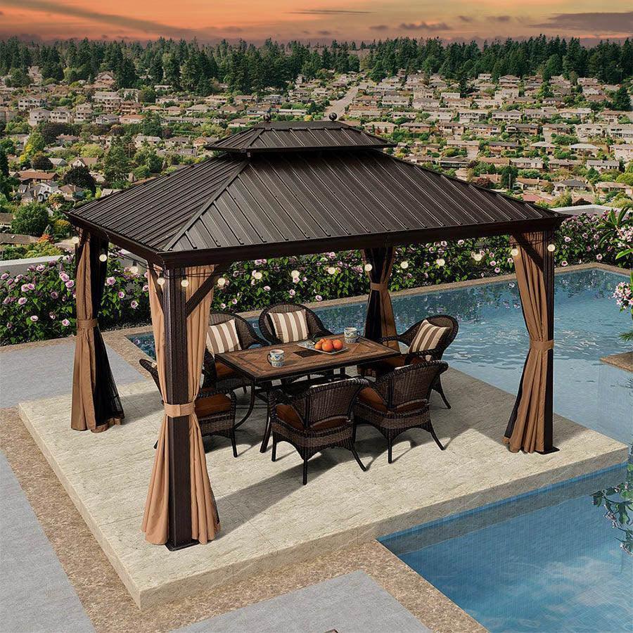 PURPLE LEAF Outdoor Hardtop Gazebo for Garden Bronze Double Roof Aluminum Frame Pavilion with String Lights-clear