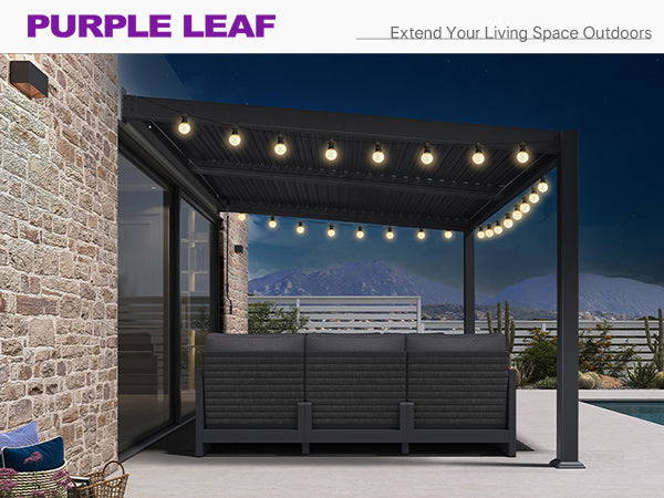 PURPLE LEAF Caesar Wall Mounted Louvered Pergola with LED String Lights, All-Aluminum Patio Cover with Adjustable Roof, Hidden Gutter Drainage, Lean-to Pergola for Deck, Backyard, Porch, Dark Gray
