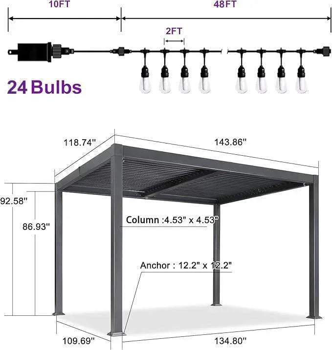 PURPLE LEAF Caesar Louvered Pergola with Milky String Lights Patio Aluminum Pergola with Independent Adjustable Rainproof Roof Hardtop Pergola for Outdoor Deck Garden Yard