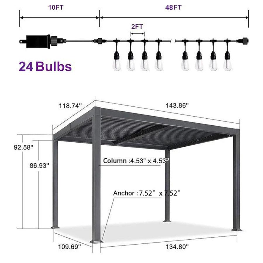 PURPLE LEAF Caesar Louvered Pergola with Milky String Lights Patio Aluminum Pergola with Independent Adjustable Rainproof Roof Hardtop Pergola for Outdoor Deck Garden Yard