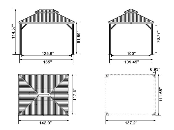 PURPLE LEAF Patio Gazebo for Backyard Grey Hardtop Galvanized Steel Roof Awning with Reinforcement Support Rod