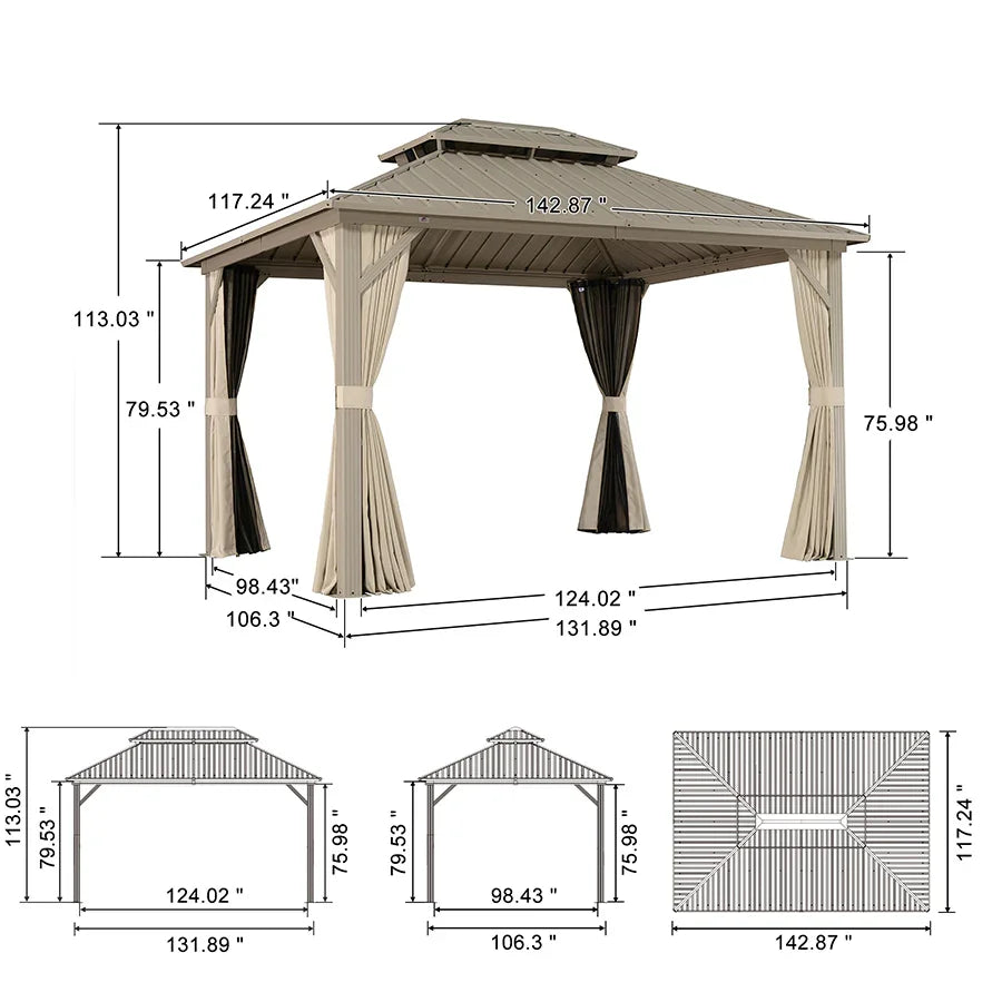 PURPLE LEAF Deck Gazebo Champagne Hardtop Metal Frame Double Roof with Curtains and Netting