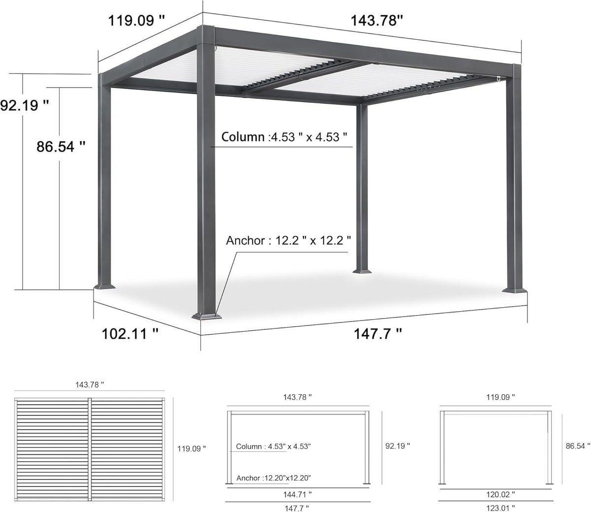 PURPLE LEAF Caesar Outdoor Louvered Pergola Patio Sun Shade Shelter with Adjustable Hardtop Patio Pergola Gray Frame White Roof