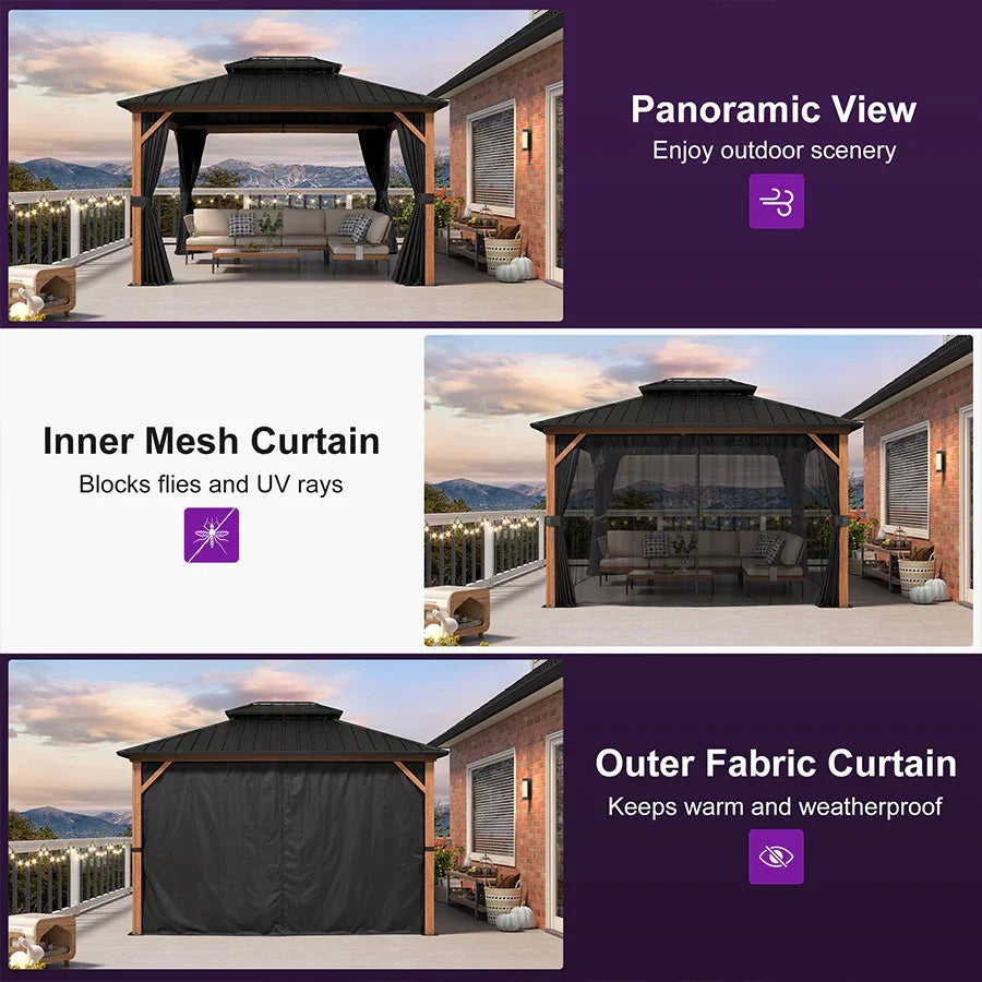 PURPLE LEAF Metal Gazebo Double Roof Wood Grain Aluminum Frame with Curtains and Netting with Lights-milky