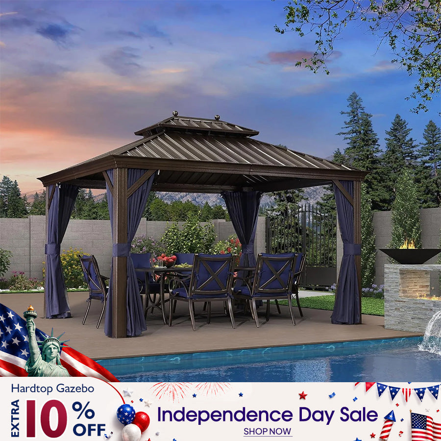 PURPLE LEAF Outdoor Hardtop Gazebo for Patio Bronze Aluminum Frame Pavilion with Navy-Blue Curtain and Reinforced Support Rods