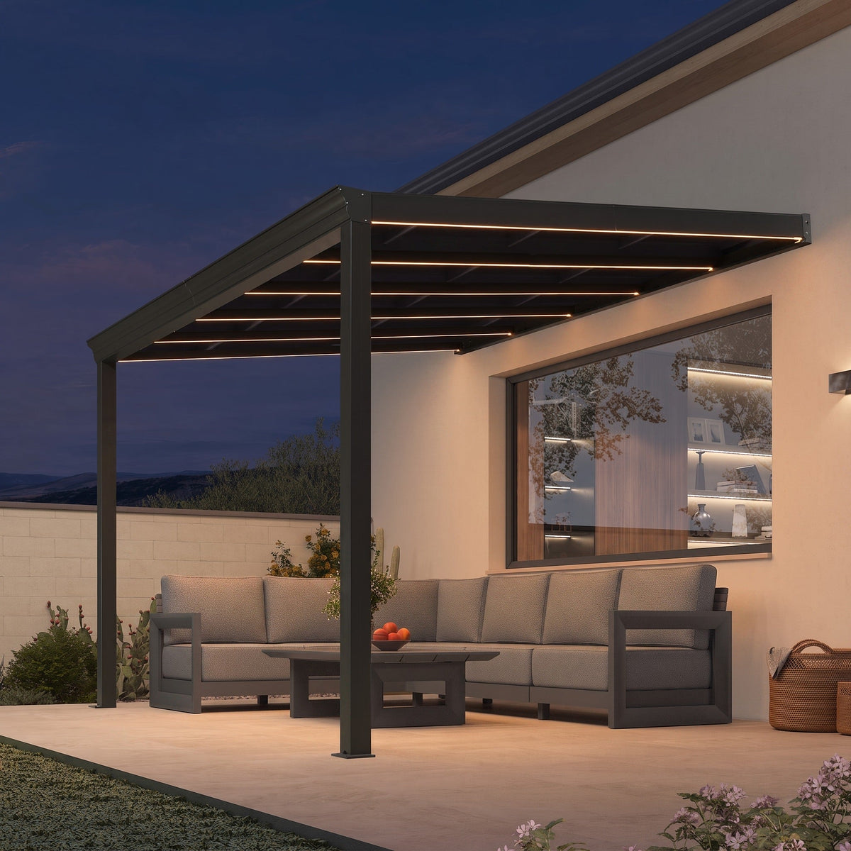 PURPLE LEAF Wall Mounted Gazebo with Gray Polycarbonate Roof Aluminum Frame Patio Cover with Strip Light for Porch