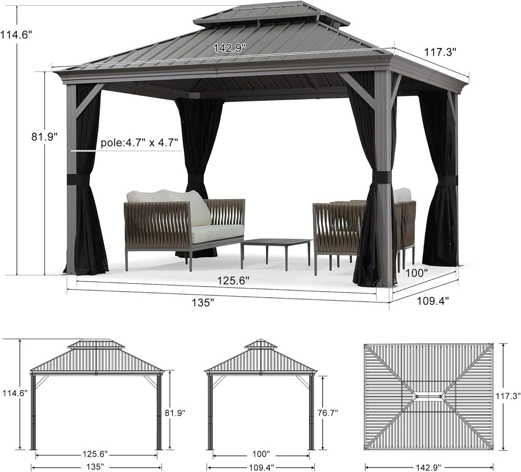PURPLE LEAF Patio Gazebo for Pool Light Grey Hardtop Galvanized Steel Roof with Reinforcement Support Rod