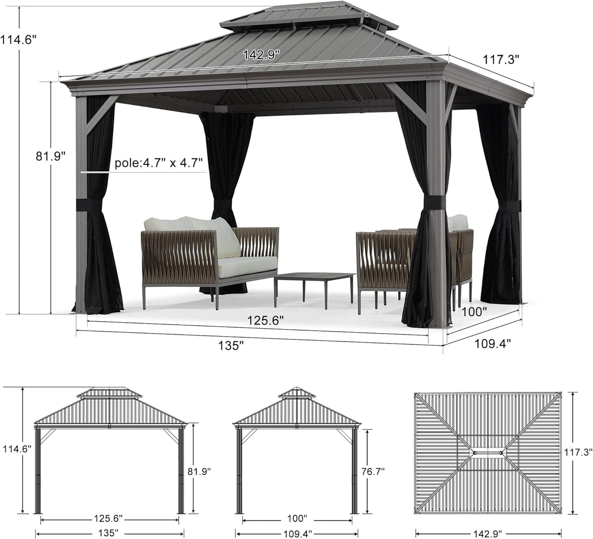 PURPLE LEAF Patio Gazebo for Pool Light Grey Hardtop Galvanized Steel Roof with Reinforcement Support Rod