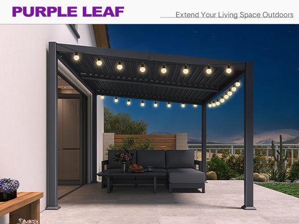 PURPLE LEAF Caesar Wall Mounted Louvered Pergola with LED String Lights, All-Aluminum Patio Cover with Adjustable Roof, Hidden Gutter Drainage, Lean-to Pergola for Deck, Backyard, Porch, Dark Gray
