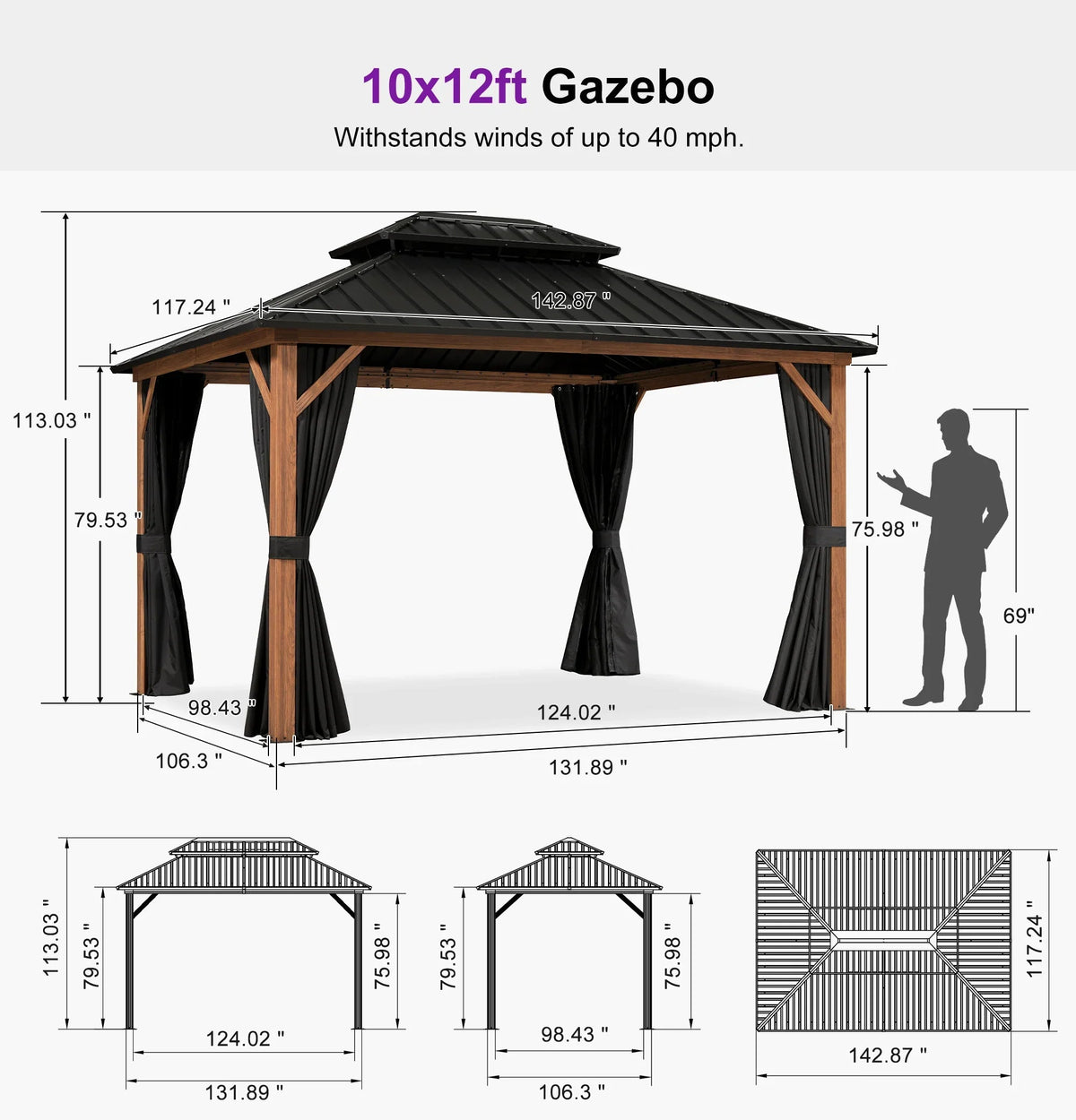 PURPLE LEAF Metal Gazebo Double Roof Wood Grain Aluminum Frame with Curtains and Netting