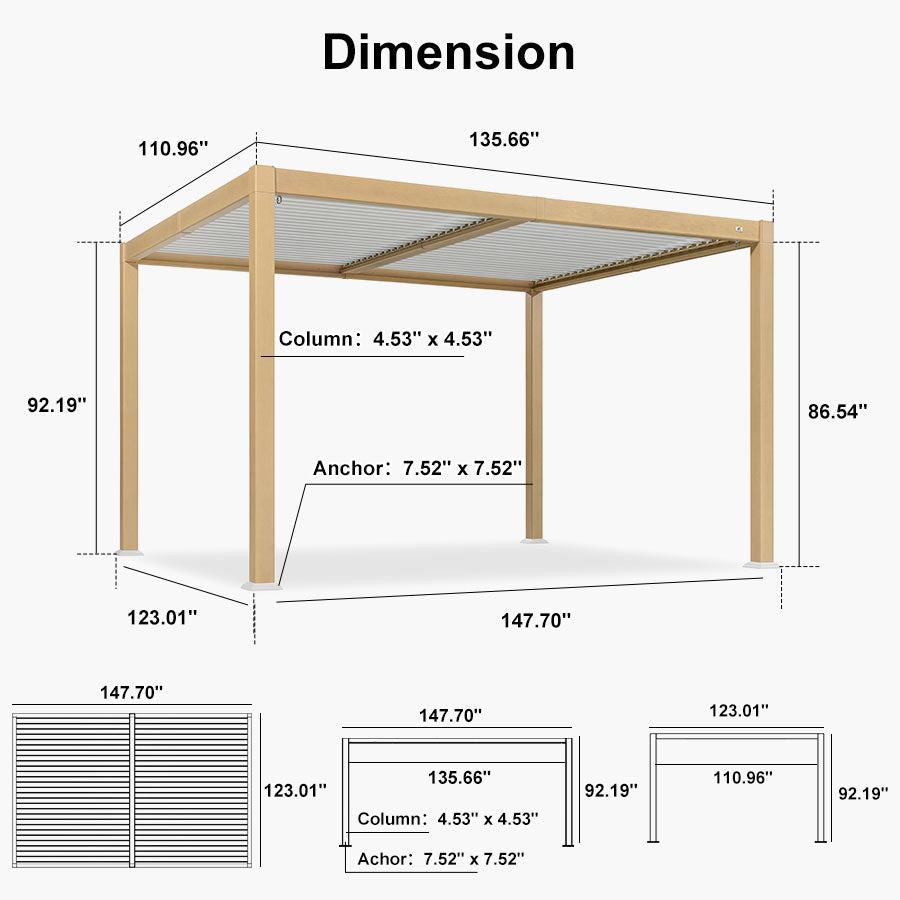 PURPLE LEAF Caesar Louvered Pergola Outdoor Wood Grain Aluminum Pergola with Adjustable Roof Patio Hardtop Gazebo for Backyard Garden