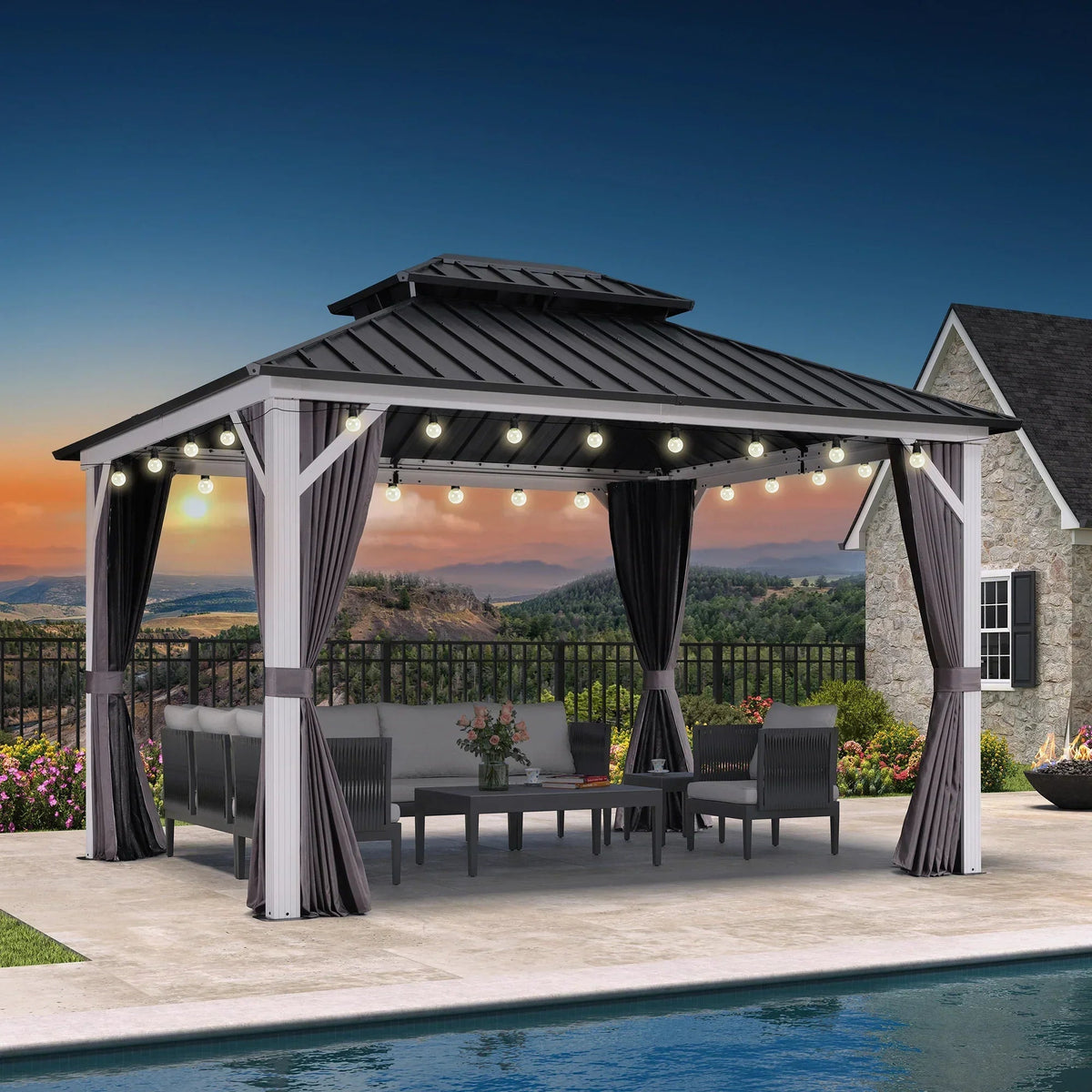 PURPLE LEAF Modern Gazebo Grey Hardtop Galvanized Steel Double Roof White Aluminum Poles with Curtains and Netting with Lights-clear