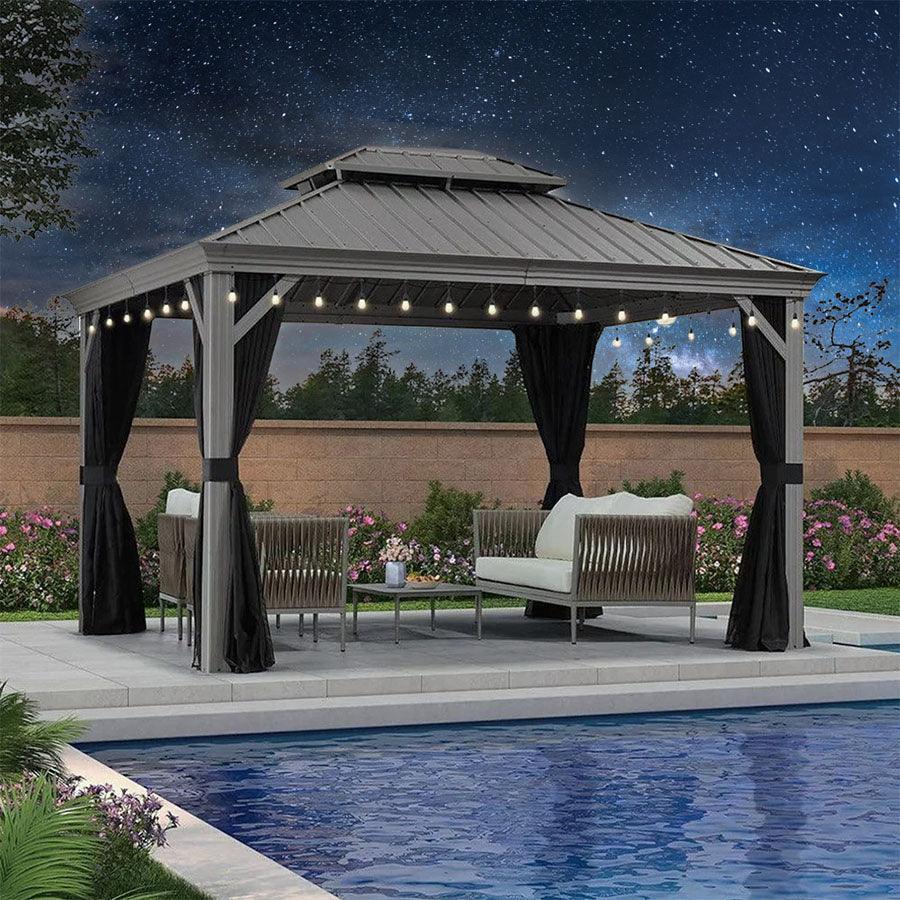 PURPLE LEAF Patio Gazebo for Pool Light Grey Hardtop Galvanized Steel Roof with String Lights-clear