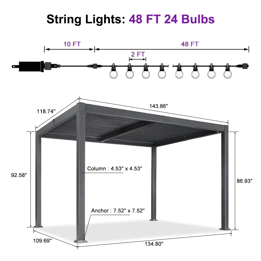 PURPLE LEAF Caesar Louvered Pergola with Milky String Lights Patio Aluminum Pergola with Independent Adjustable Rainproof Roof Hardtop Pergola for Outdoor Deck Garden Yard
