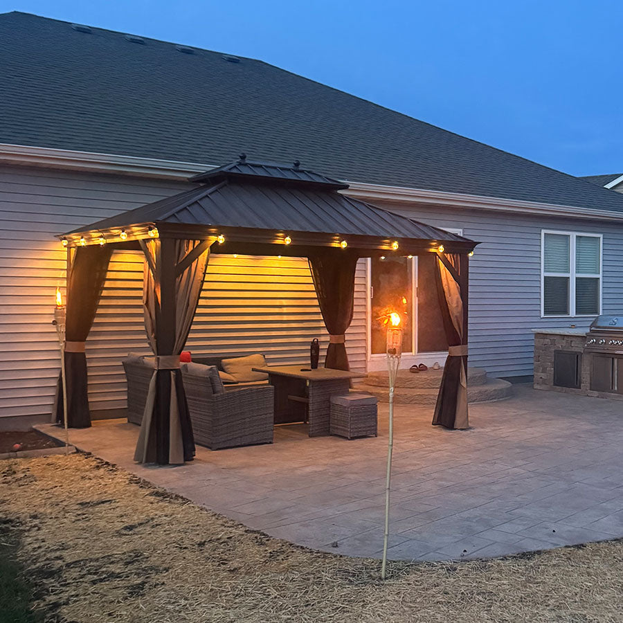 PURPLE LEAF Outdoor Hardtop Gazebo for Garden Bronze Double Roof Aluminum Frame Pavilion with String Lights-clear