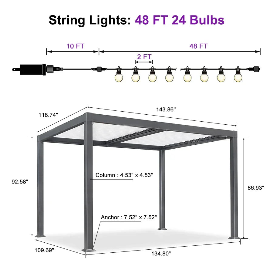 PURPLE LEAF Caesar Louvered Pergola with String Lights Patio Aluminum Pergola with Independent Adjustable Rainproof Roof With Yellow Lights