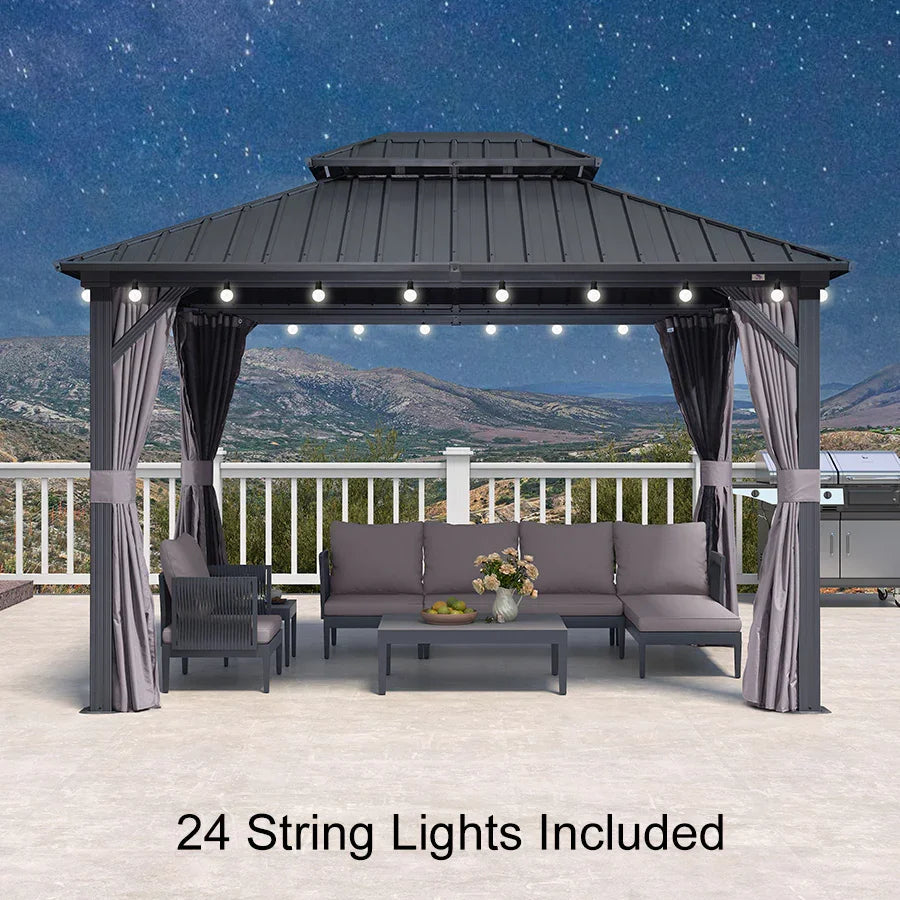 PURPLE LEAF Grey Hardtop Gazebo with Heavy Duty Galvanized Steel Double Roof with String Lights-milky