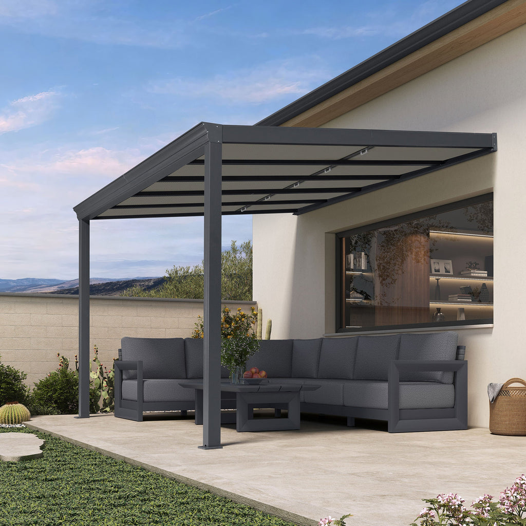 PURPLE LEAF Wall Mounted Gazebo with Gray Polycarbonate Roof Aluminum Frame Patio Cover with Retractable Pleated Shades for Porch