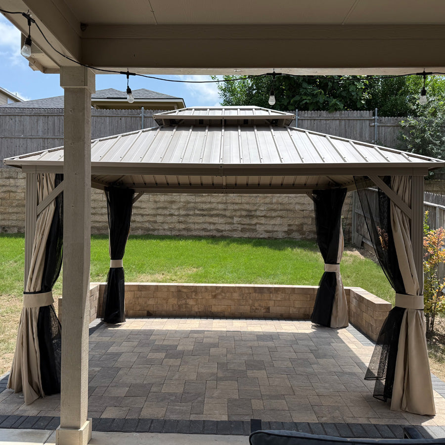 PURPLE LEAF Deck Gazebo Champagne Hardtop Metal Frame Double Roof with Curtains and Netting with Lights-clear
