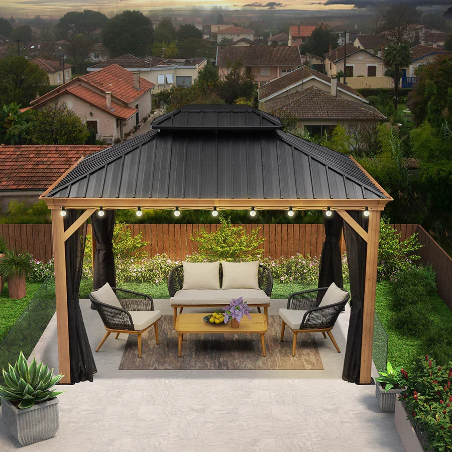 PURPLE LEAF – Pavillon à toit rigide pour terrasse, structure en aluminium effet bois avec guirlande lumineuse – clear