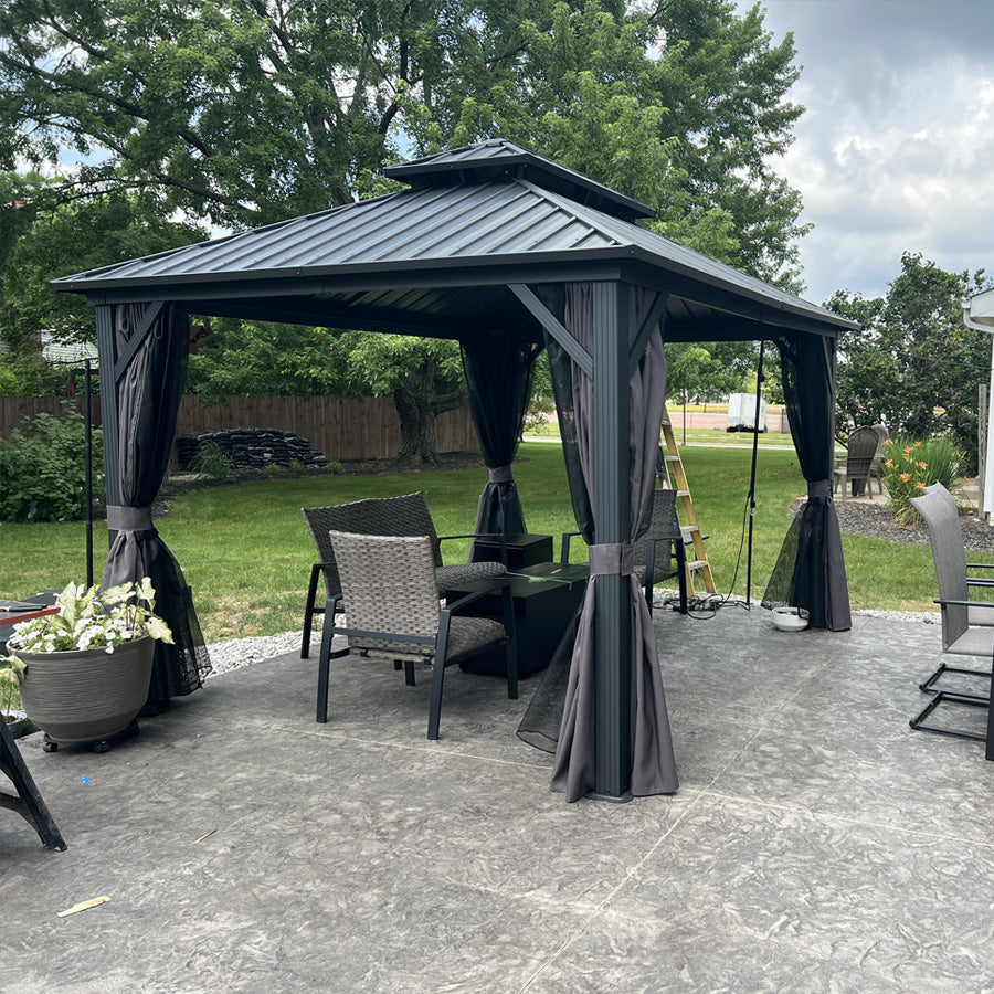 PURPLE LEAF Grey Hardtop Gazebo with Heavy Duty Galvanized Steel Double Roof with Netting and Curtains
