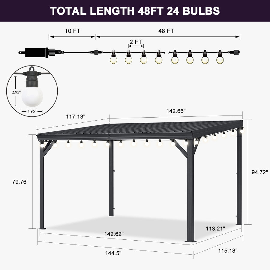 PURPLE LEAF Lean to Gazebo Metal Roof Patio Cover Built-in Drain Slots Wall Mounted Gazebo with Lights-milky for Outdoor Extension