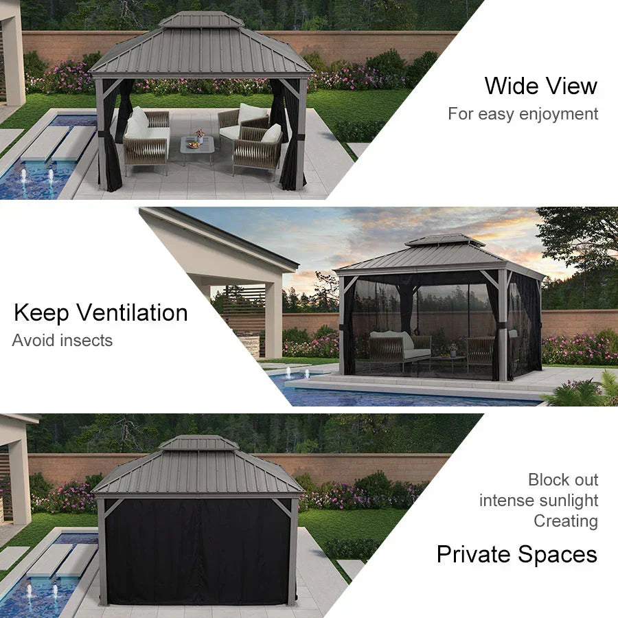 PURPLE LEAF Patio Gazebo for Pool Light Grey Hardtop Galvanized Steel Roof with String Lights-milky